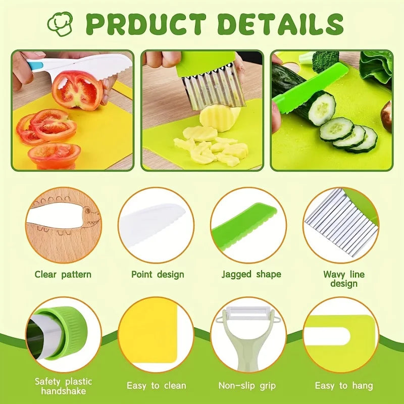 13 pieces Montessori Kitchen Tools Cooking Set - Real Toddler Safe Knives, Crinkle Cutter, Cutting Board - Safe for Real Cooking