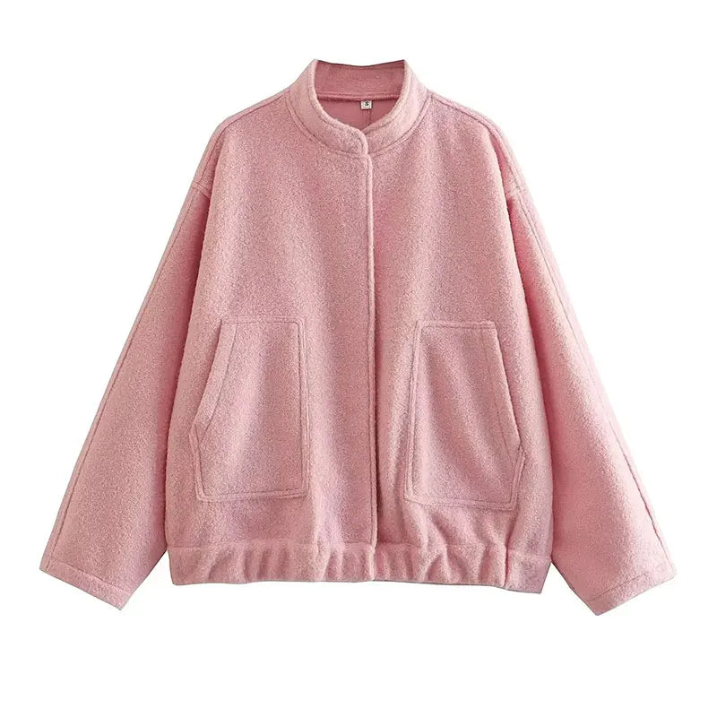HH Women's Elegant Solid Coat Button Long Sleeve Pocket Bomber 4-Color Jacket Female Spring Casual Loose Streetwear Coats