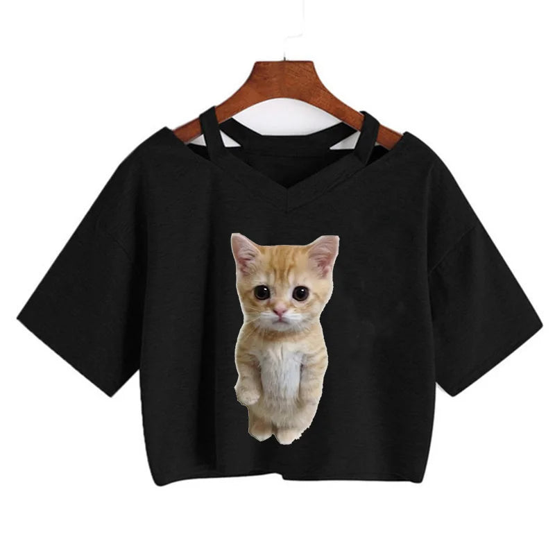 Y2k Crop Top Funny Cute Cat T Shirt Women Shirt Cropped Harajuku Graphic Ulzzang T-shirt 90s Tshirt Top Tee Female Gothic