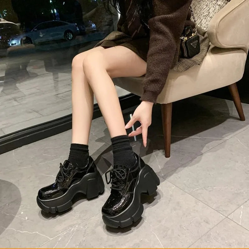 Platform Wedge Sneakers Chunky Shoes PU Leather Women Black Shoes 2025 Spring Autumn Walking Sneakers Fashion Women Tennis Shoes