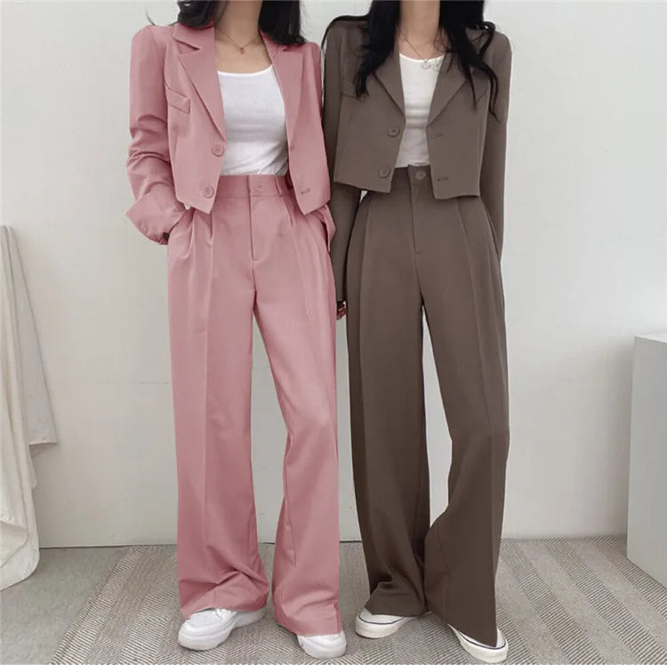 Suit Coat 2 Piece Set Women Blazer Jacket Straight Pants Ensemble Single Breasted Turn Down Collar Trousers Office Lady Outfits