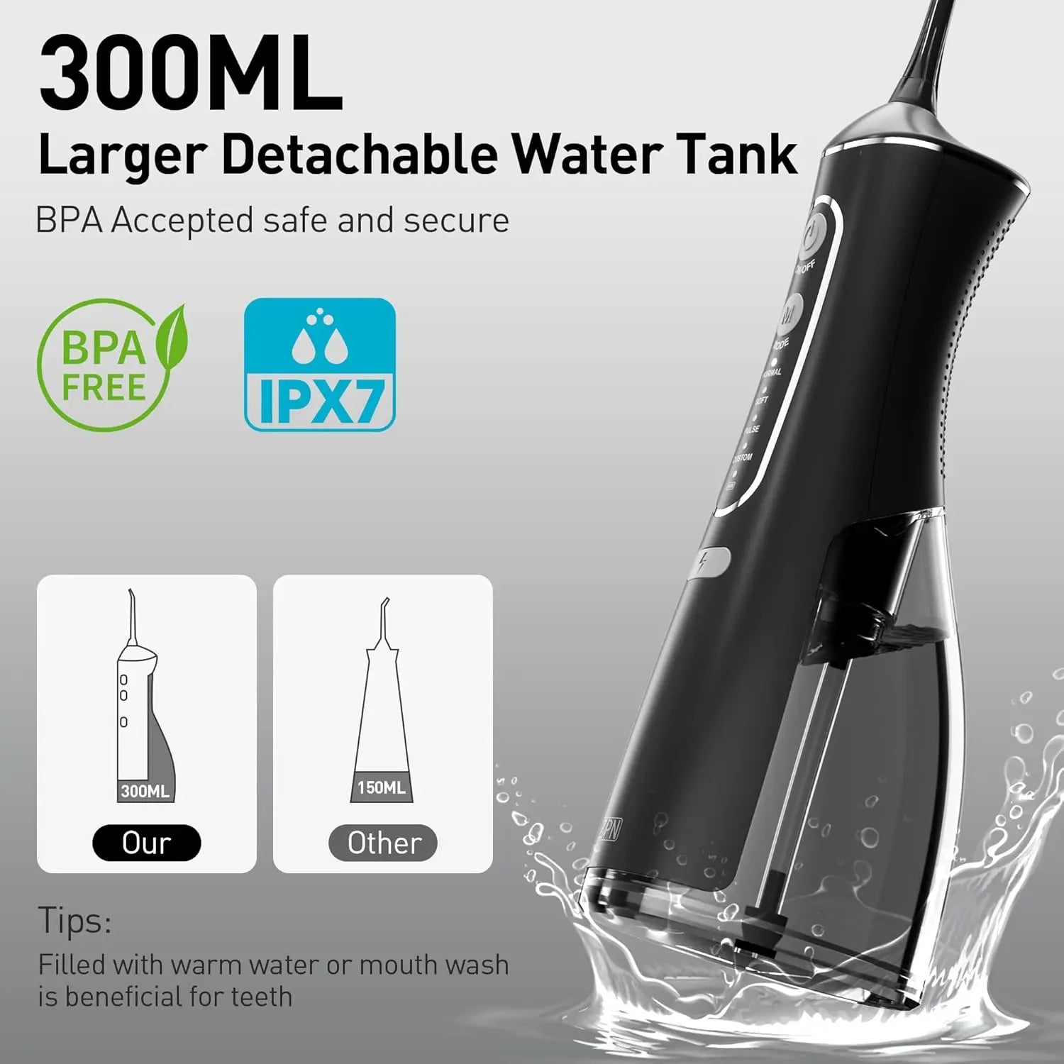 Oral irrigator, portable dental water flosser, USB rechargeable water jet flosser, toothpick with 4 modes and 5 nozzles