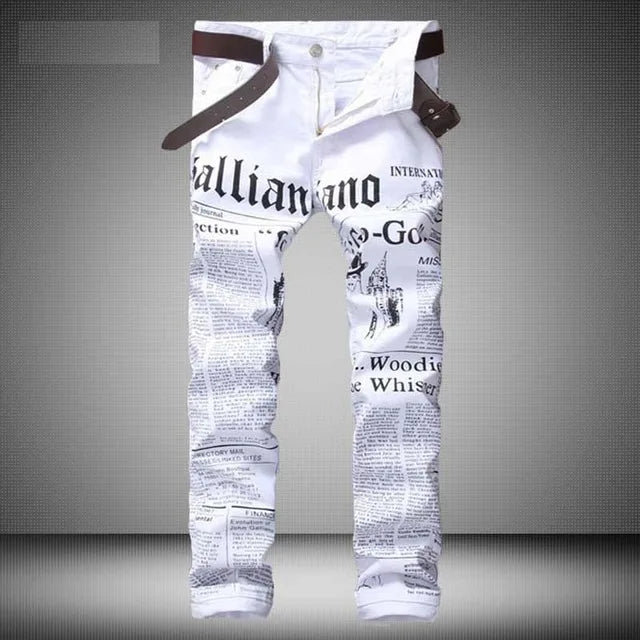 New Men Jeans Slim Fit Biker White Jeans Trousers Skinny Jeans Punk Letter Printing Denim Pants Plus Size 42 Dropshipping