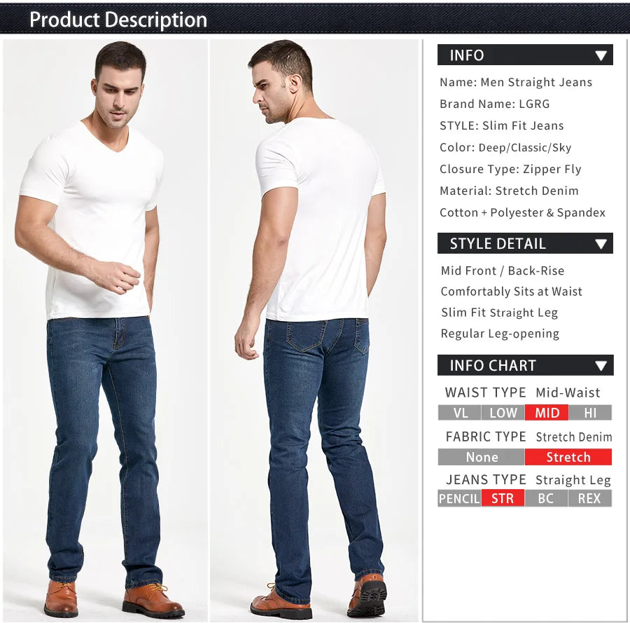 Men's Classic Slim Fit Straight Jeans Casual Stretch Denim Pants Fashion Blue Trousers