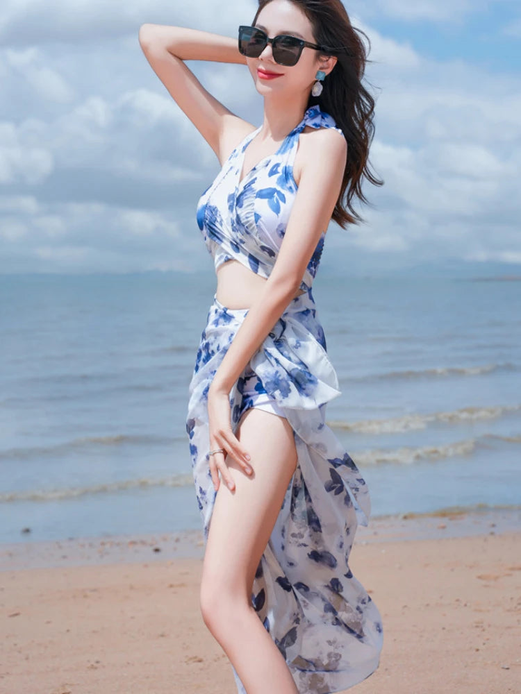 Bikini Sets Women Halter Floral Printed Three Pieces Split Swimsuit Korean Fashion Elegant Beach Style Slim Sexy Hot Girls Soft