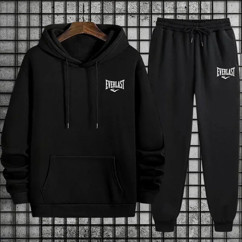 New Everlast Men's Sportswear Hooded Sweatshirt and Black Sweatpants Autumn/Winter Urban Leisure Fashion Warm Sports Set