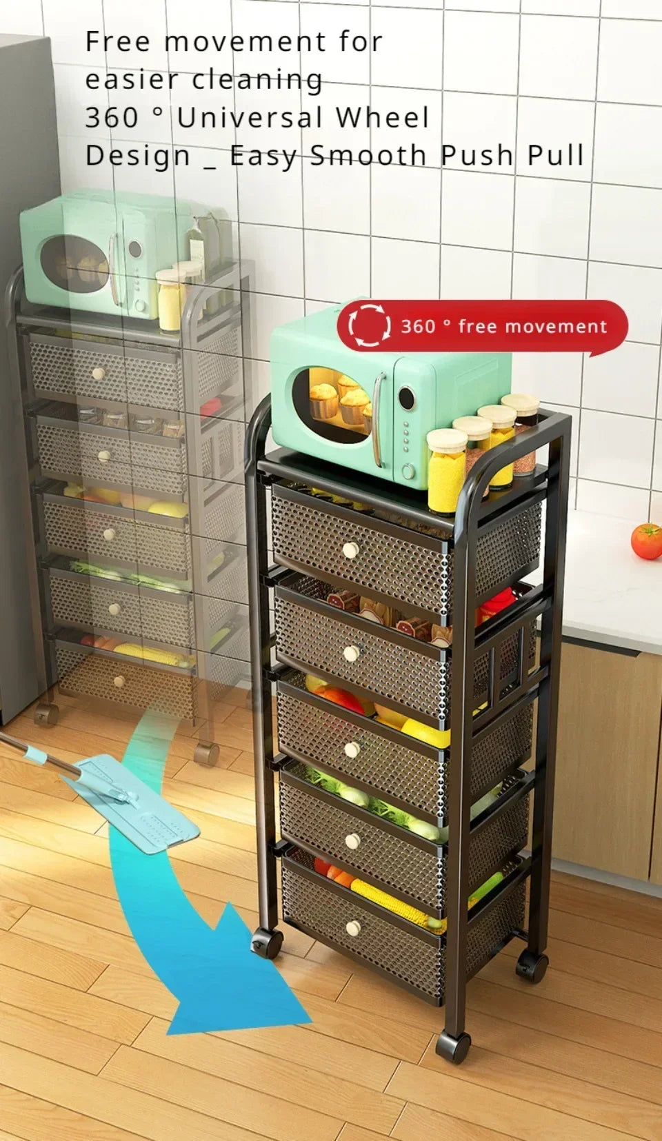 Kitchen Shelf With Drawer Multifunctional Storage Rack Fruits Vegetables Storage Cart Organizer With Wheels Bar Carts Cabinets