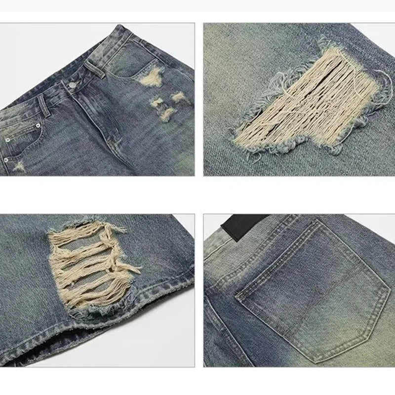 Men Ripped Straight Leg Jeans American Style Trend High Street Loose Bootcut Pants Fashion Male Simplicity Classic Blue Trousers