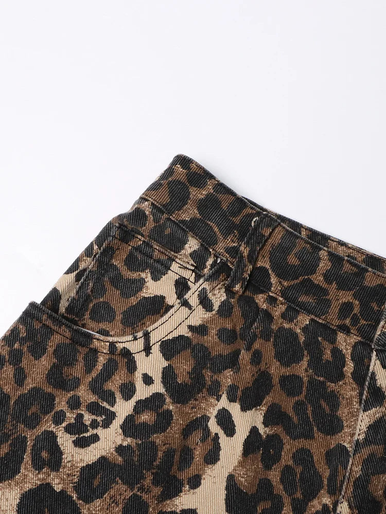 TWOTWINSTYLE Leopard Ripped Wide Leg Jeans For Women High Waist Patchwork Button Loose Fashion Denim Pant Female Clothing New