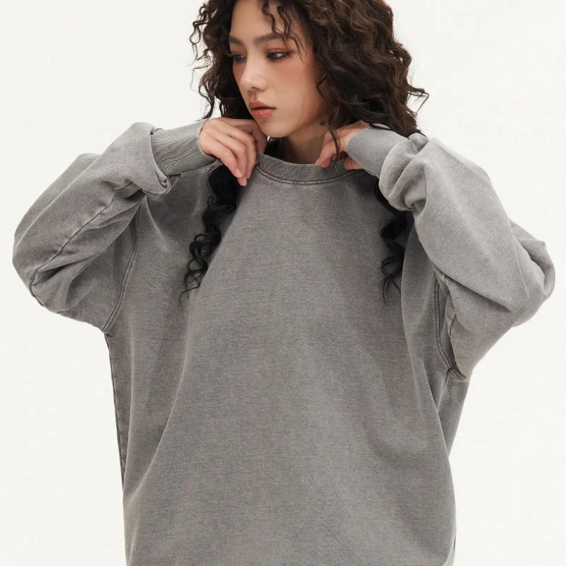 Woman Men Solid Washed Sweatshirt Cotton Acid Wash Hoodies Autumn Warm Crewneck Pullover Fashion Vintage Oversize Female Clothes
