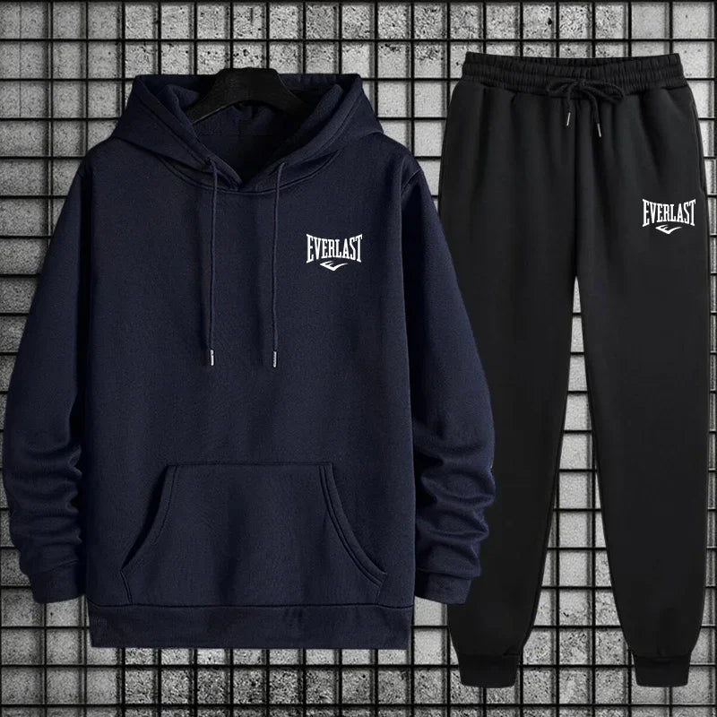 New Everlast Men's Sportswear Hooded Sweatshirt and Black Sweatpants Autumn/Winter Urban Leisure Fashion Warm Sports Set