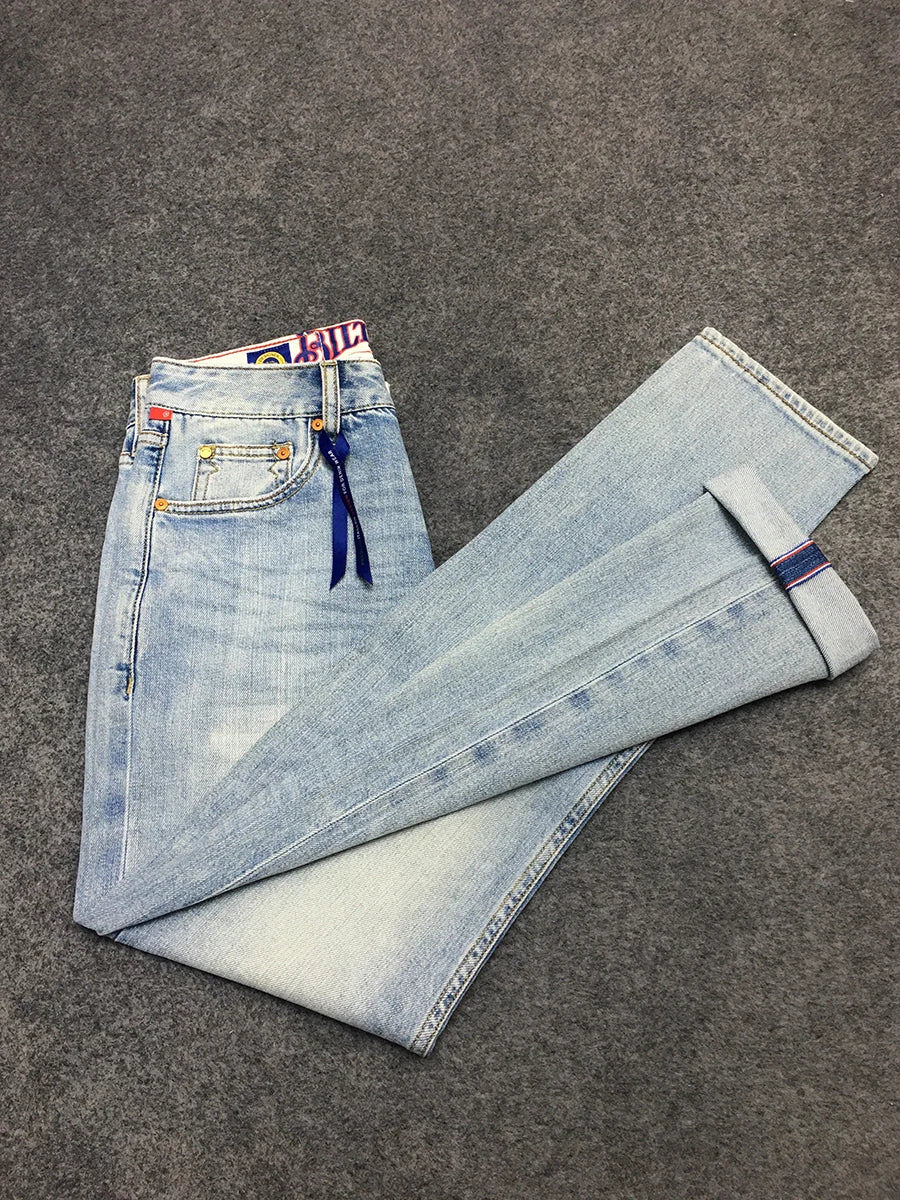 Summer Thin 11oz Red Selvedge Denim Jeans for Men 94% Cotton Micro Stretch Slim Fit Straight Light Pants 24ss Y2k Youth Male 5KM