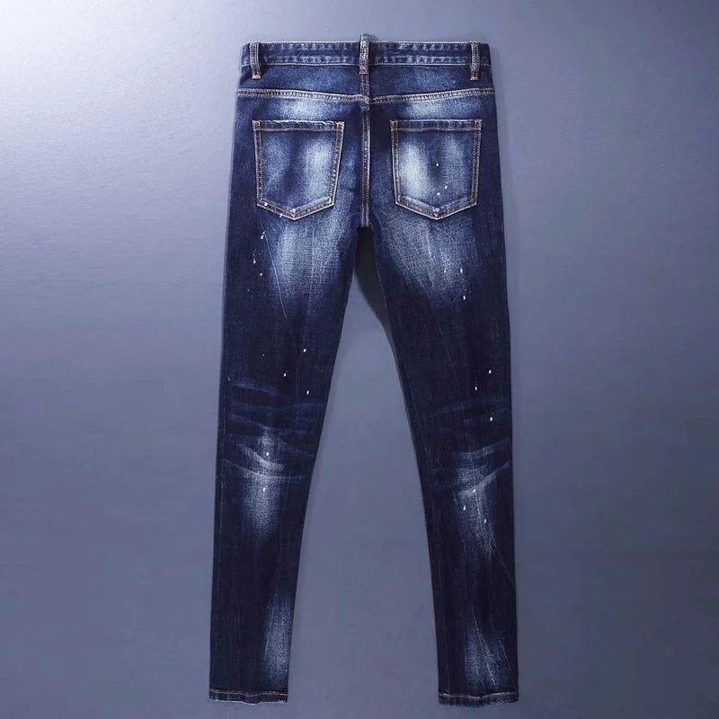 Designer Fashion Men Jeans High Quality Retro Blue Stretch Slim Fit Painted Ripped Jeans Men Brand Vintage Denim Pants Hombre