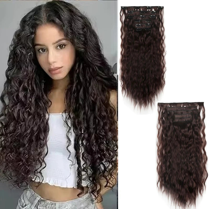 Synthetic Clip In Hair Extensions 6PCS Set Kinky Curly 24inch Long  Clip On Hairpiece Style For Women Girls Daily Party
