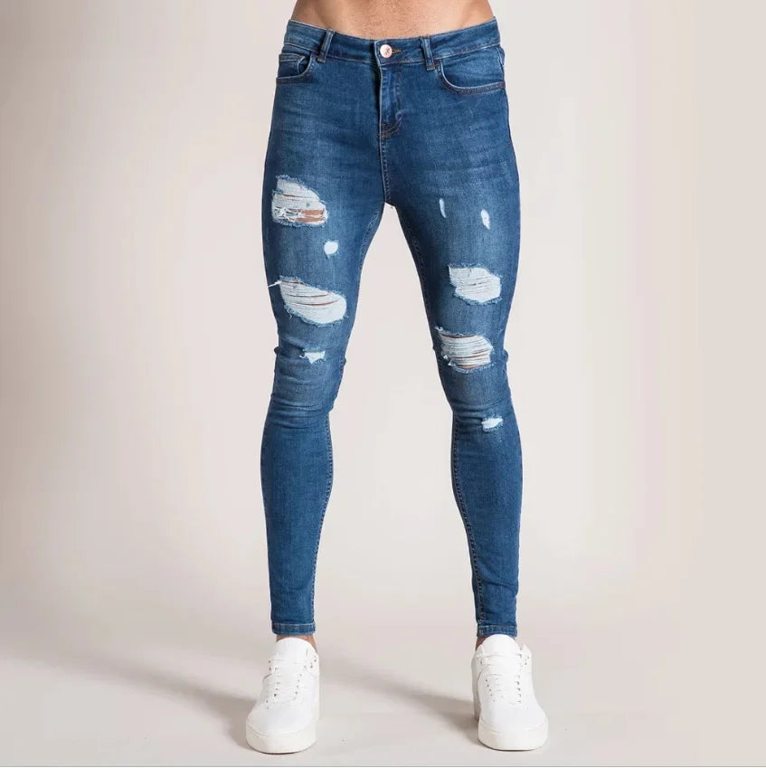 Mens Skinny Ripped jeans Slim scarification Blue Denim Pencil Pants Street hip-hop denim trousers fashion cowboy clothing men