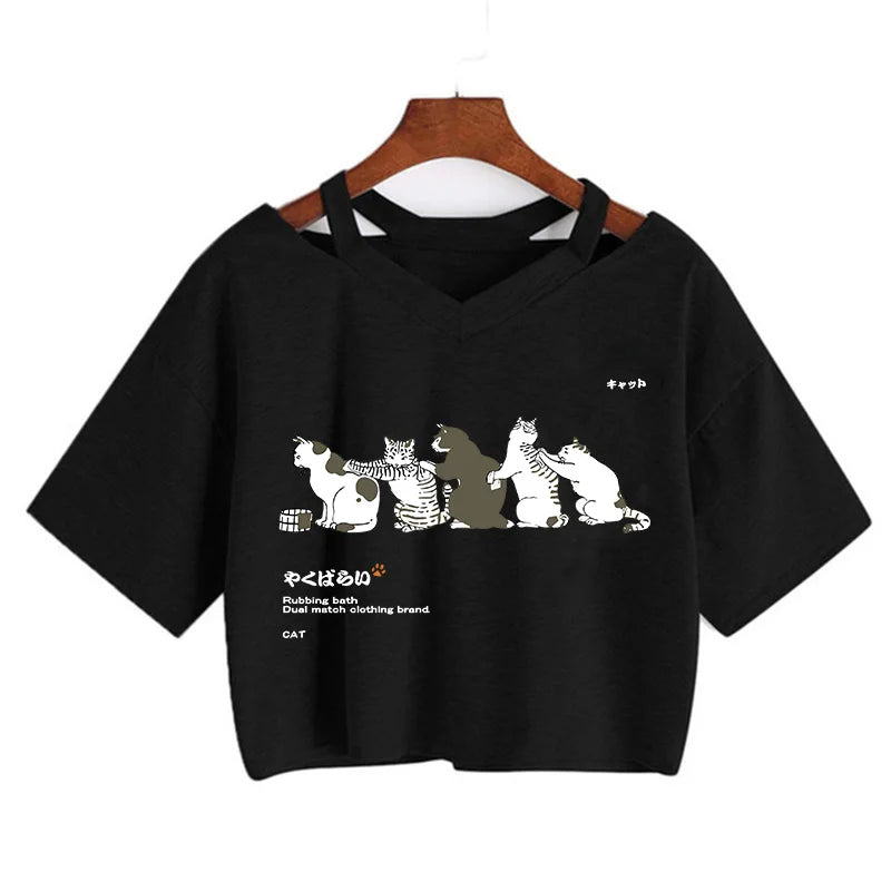 Y2k Crop Top Funny Cute Cat T Shirt Women Shirt Cropped Harajuku Graphic Ulzzang T-shirt 90s Tshirt Top Tee Female Gothic