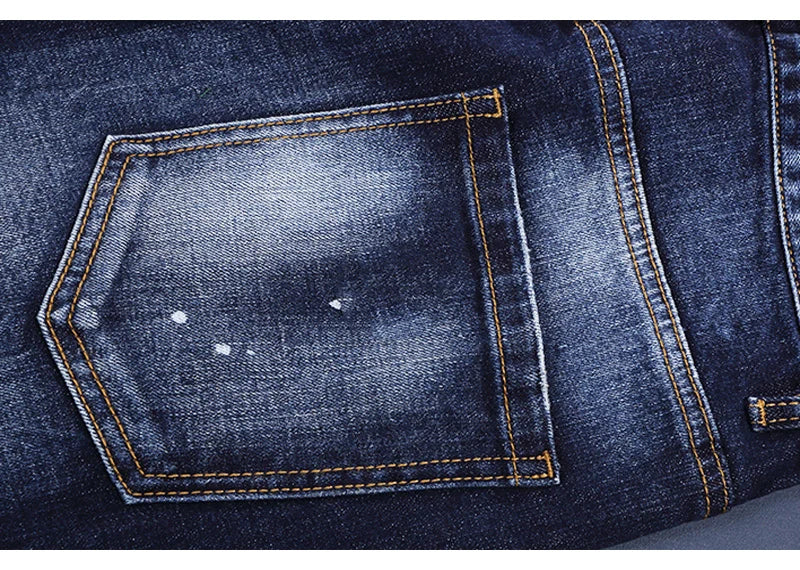 Designer Fashion Men Jeans High Quality Retro Blue Stretch Slim Fit Painted Ripped Jeans Men Brand Vintage Denim Pants Hombre