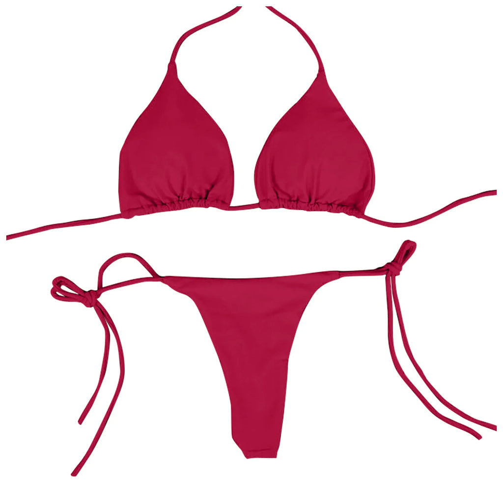 Sexy Women Bikini Lingerie Set Side Tie Swimsuit T--back Low Rise Thong Bandage Style Brazilian Swimwear Soft Solid Underwear