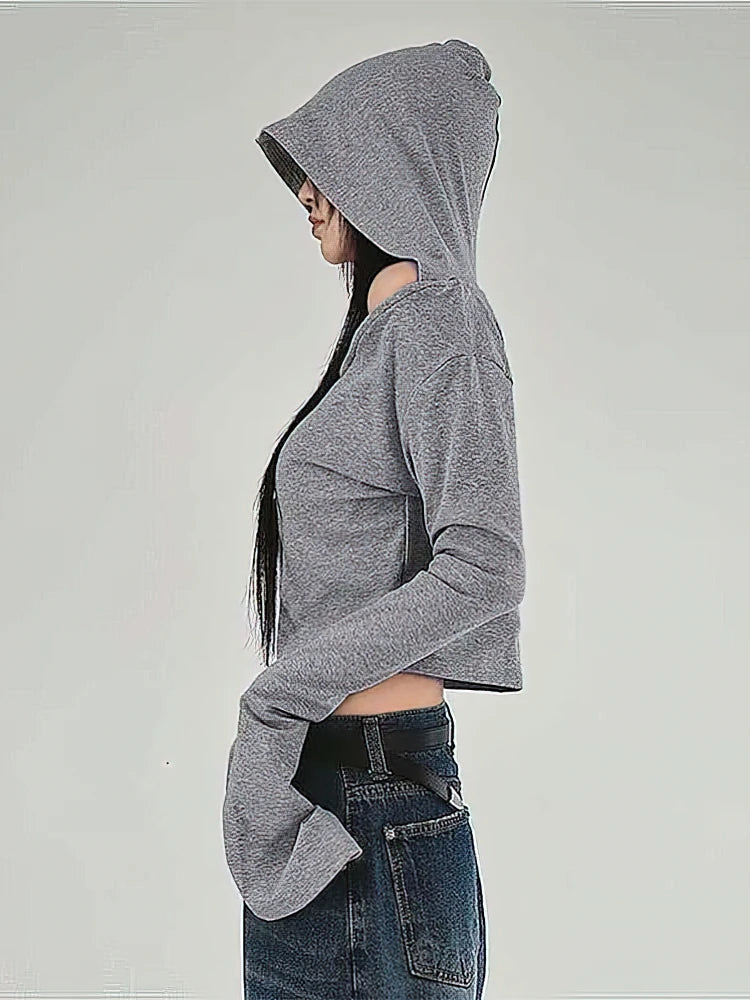 Vintage Hoodie Long sleeve T shirt Women Y2k Gray Off shoulder Top Sexy Cropped Tees Shirt Basic Blouse 2025 Fashion Streetwear