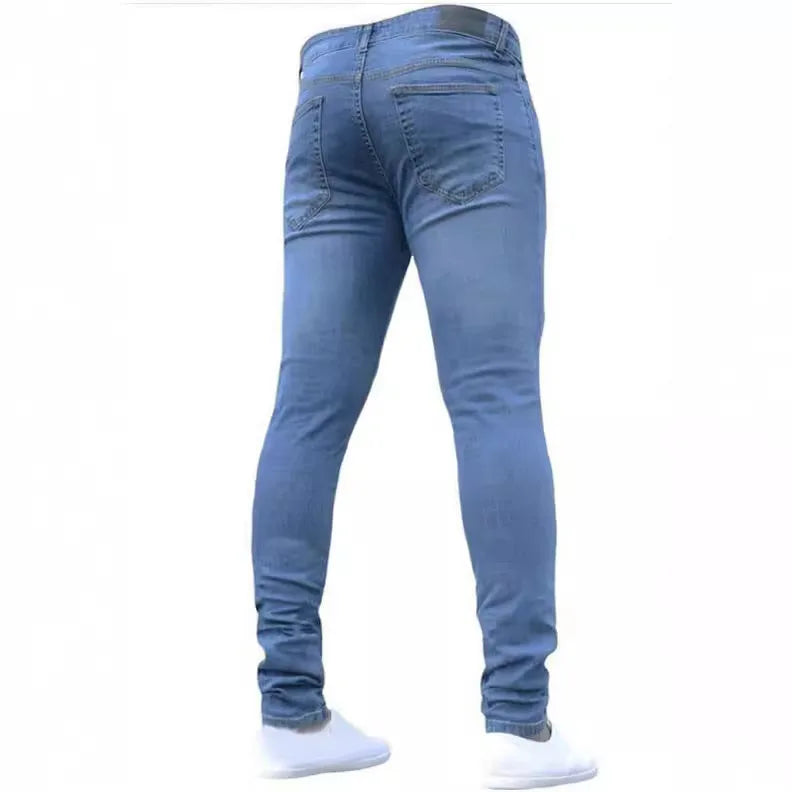 European and American New Style Tight and Personalized Popular Jeans 2024 Fashion Men's Elastic Solid Color Slim-fit Pants