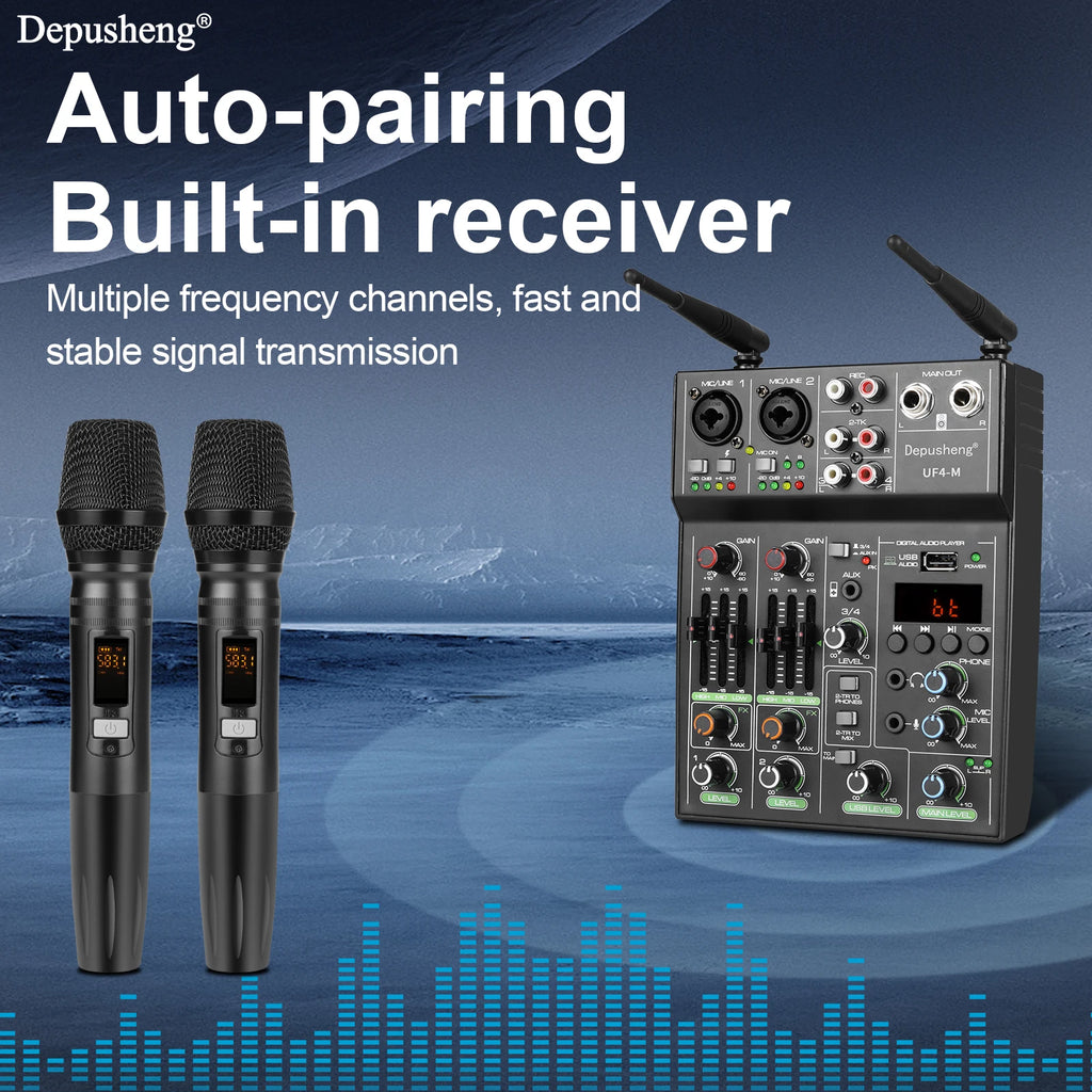 Audio Mixer 4 Channel High Power Amplifie Sound mixing with Microphone Depusheng UF4-M Digital Board Console for Karaoke Stage