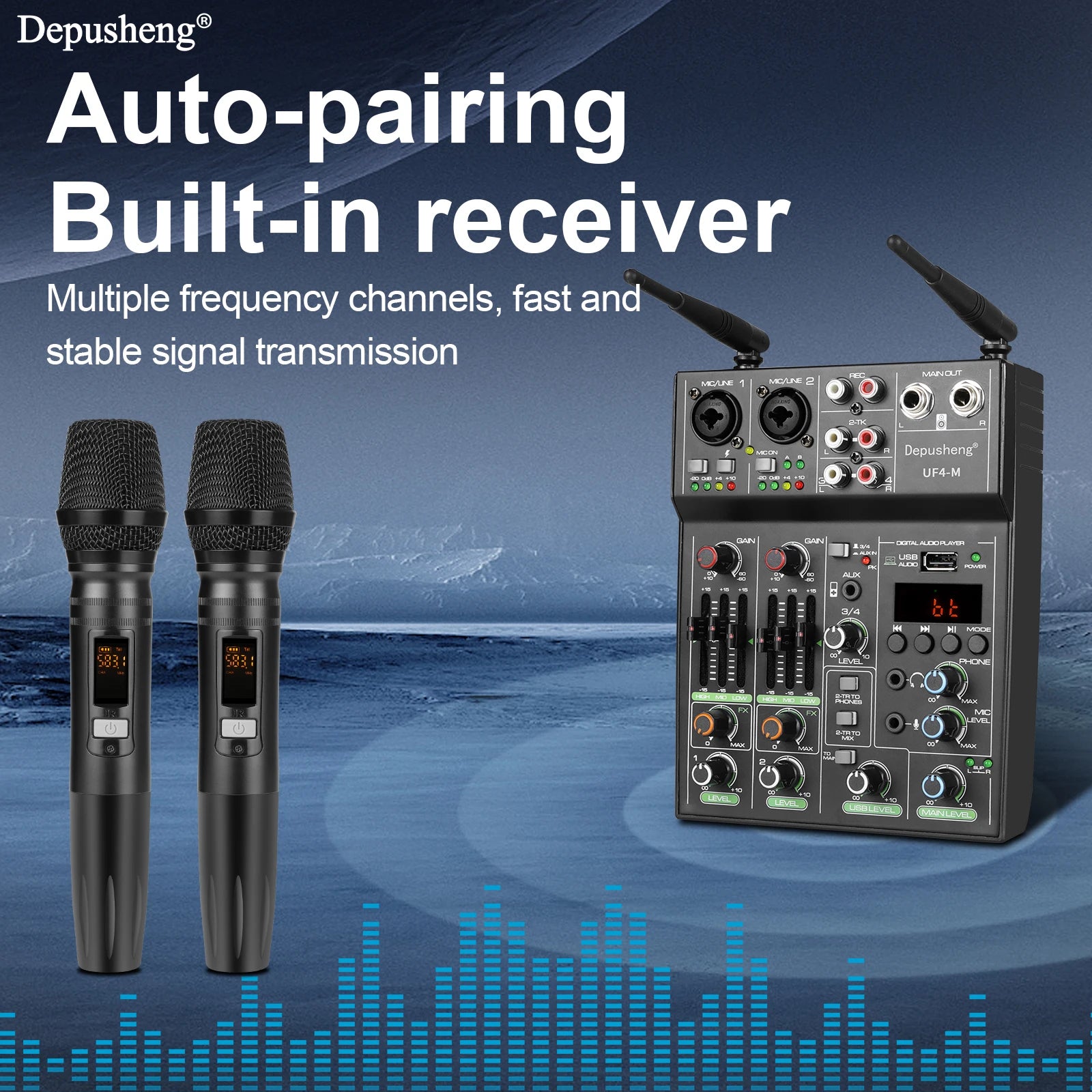 Audio Mixer 4 Channel High Power Amplifie Sound mixing with Microphone Depusheng UF4-M Digital Board Console for Karaoke Stage