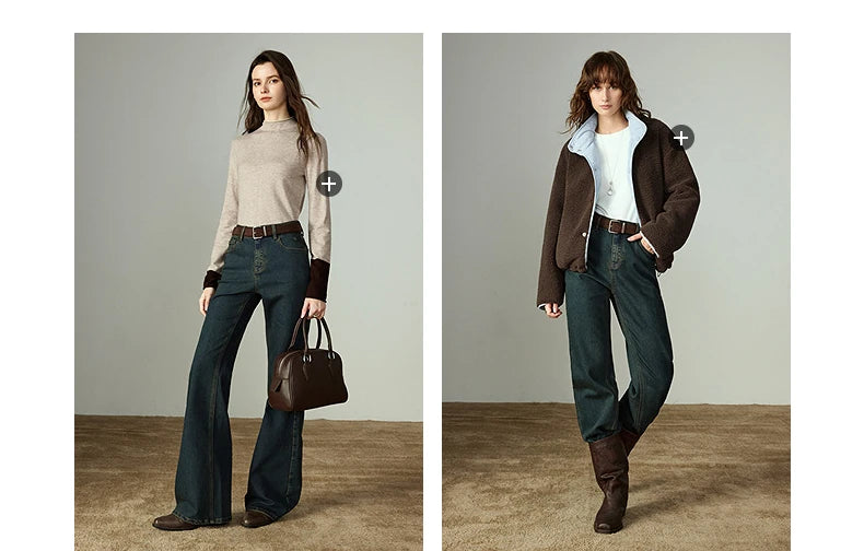 TOYOUTH Women Stretch Jeans 2025 Winter New Slightly Flared Mid-low Waist Slim Fitting Slimming Warm Fleece-lined Long Pants