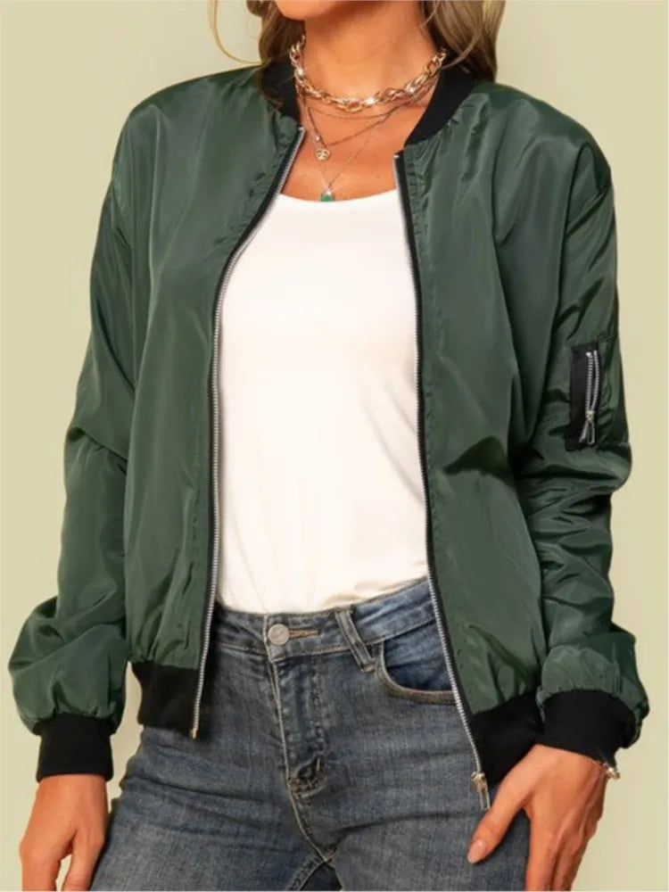 Women Bomber Casual Jacket 2025 Spring Autumn Solid Color Spring Coat Long Sleeve Stand Collar Zipper Basic Motorcycle Jackets