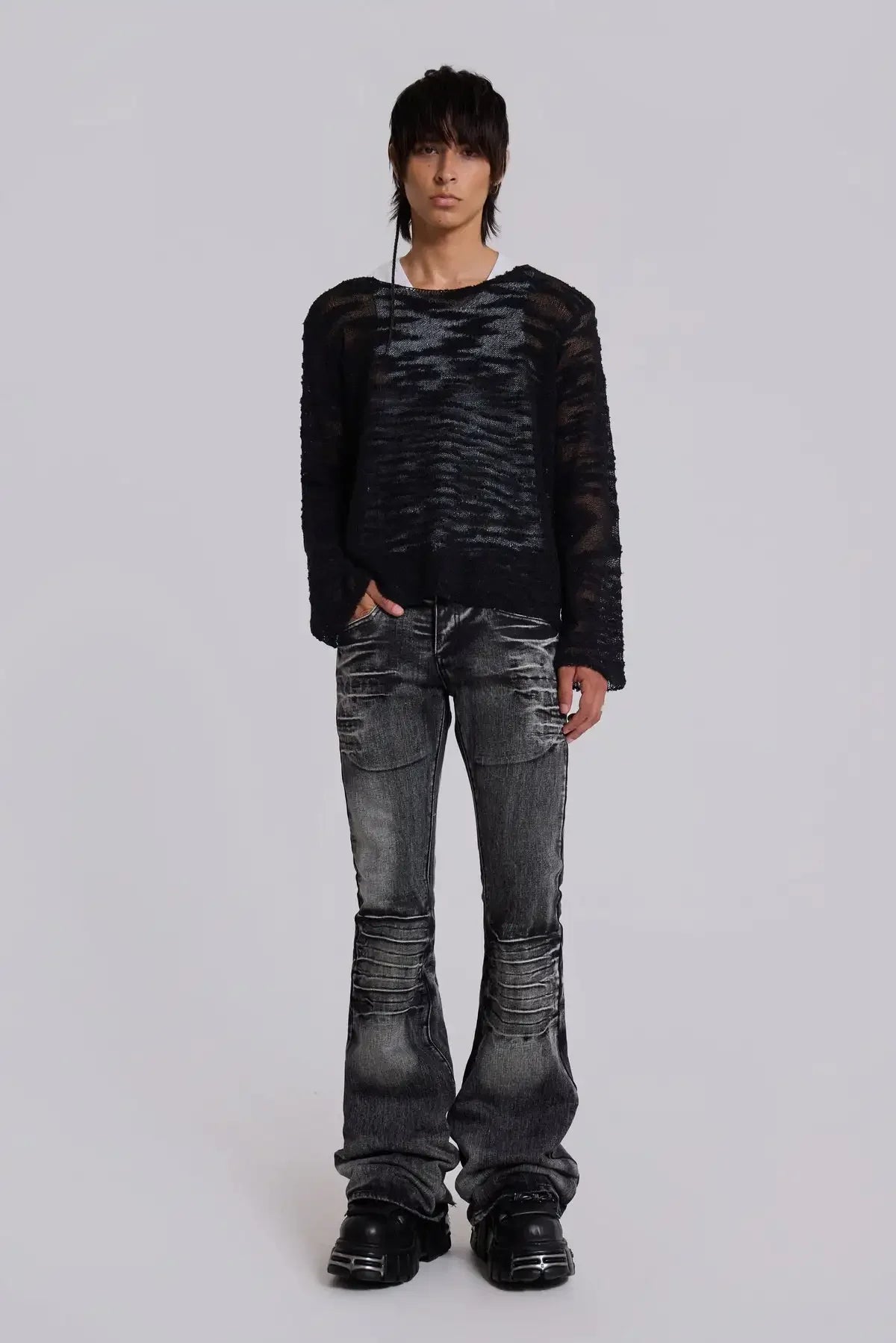 Y2K Arctic White Drift Flared Trumpet Jeans Retro Washed High Street Hip Hop Wide Leg Pants Gothic Slim Fit Unisex Trumpet Jeans