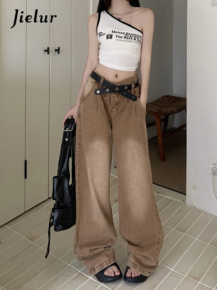 New Solid Color Slim Belt Women Jeans Simple Basic Dark Brown Straight Pants Chicly Fashion Street Casual Loose Woman Jeans