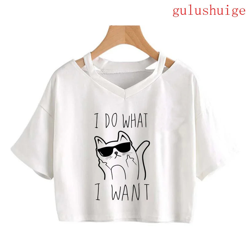 Y2k Crop Top Funny Cute Cat T Shirt Women Shirt Cropped Harajuku Graphic Ulzzang T-shirt 90s Tshirt Top Tee Female Gothic