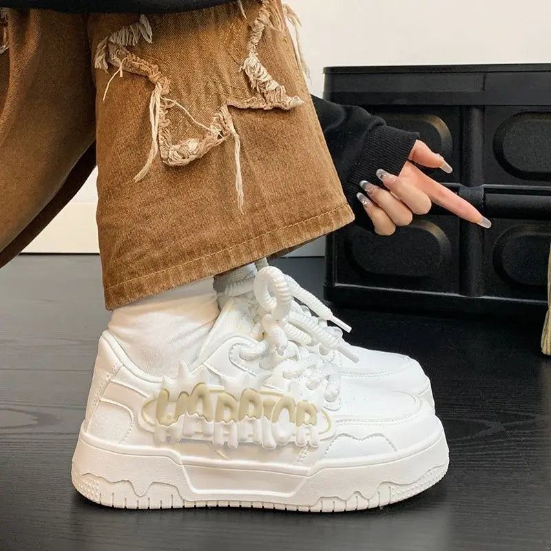 2025 Sweet Platform Shoes Chunky Sneakers for Women Faux Leather Aesthetic Shoes Alphabet Elements Thick Trainers Blue Sneakers