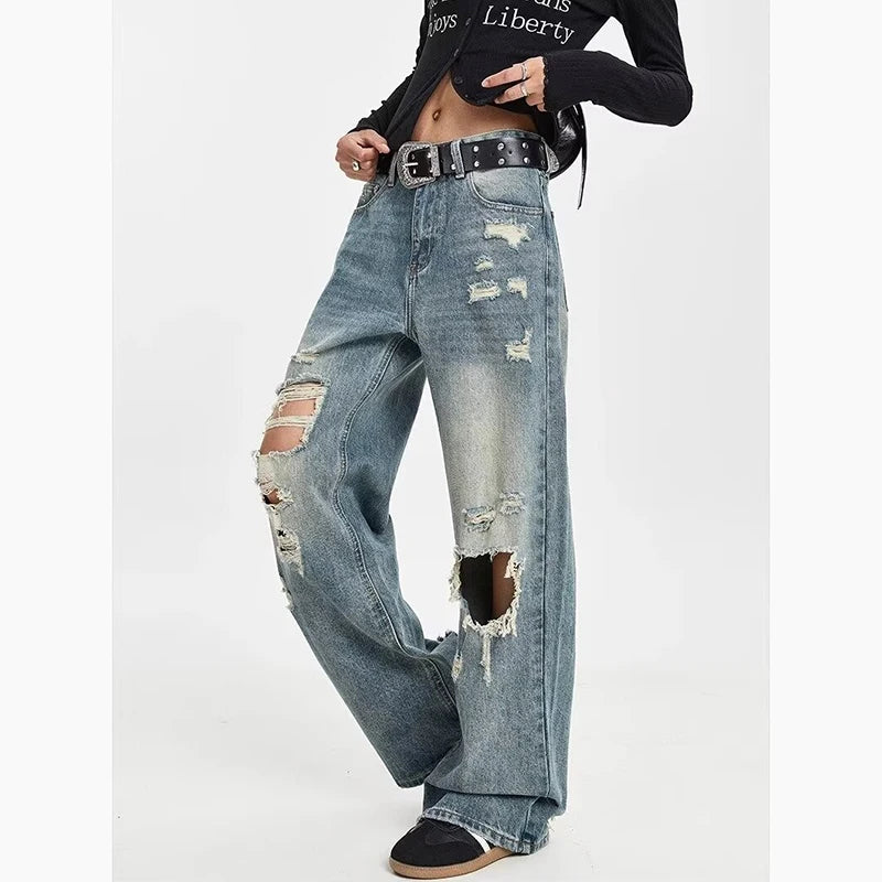 Men Ripped Straight Leg Jeans American Style Trend High Street Loose Bootcut Pants Fashion Male Simplicity Classic Blue Trousers