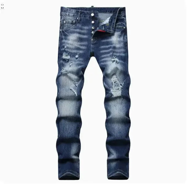 Men Ripped Skinny Denim Jeans Blue Holes Jeans Italian Style Stretch Denim Pants High Quality Male Slim Fit Denim Trousers  38