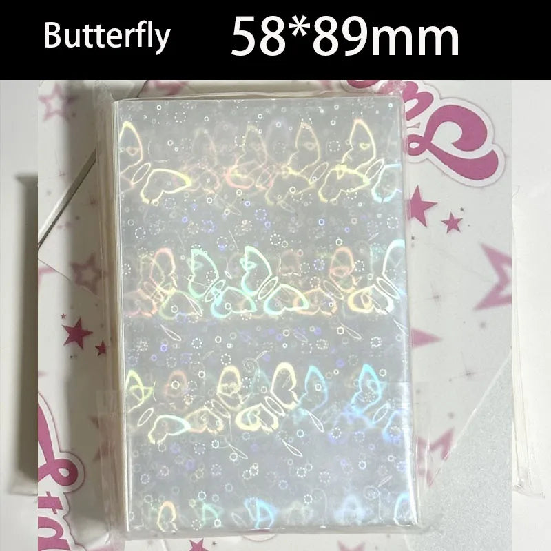 50PCS Laser Heart fireworks butterfly Flashing Holographic Transparent Clear Card Film Sleeves Super Idol Photo Protector Cover