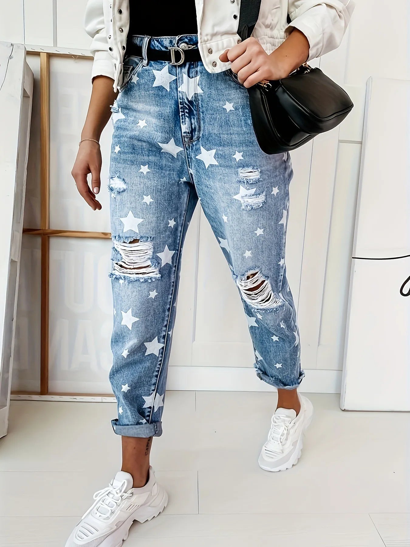 New Boyfriend Jeans Women's Slim Fit Ripped Jeans Fashion Women's Five-pointed Star Ripped Jeans Street Casual Blue Jeans 2025