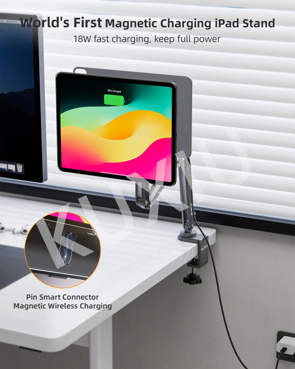 KUXIU Aluminum Alloy Foldable  Magnetic Charger Holder For iPad Pro 11/13 inch M4 (2024),  360 Adjustable Tablet Arm Stand