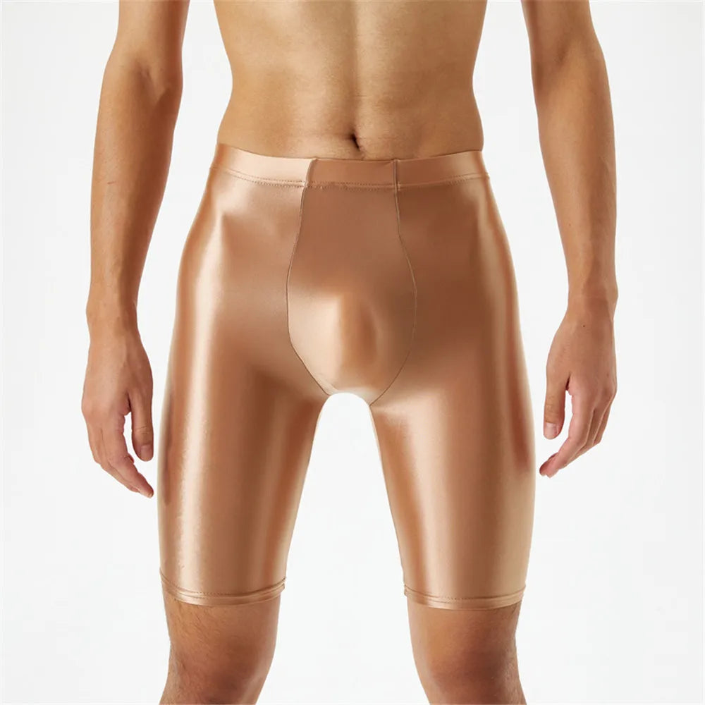 Men Oil Shiny Shorts gym Shapewear Ice Silk High Elastic Sexy Boxer Tight Shape U Pouch Sheath Man Shorts Smooth Candy Color