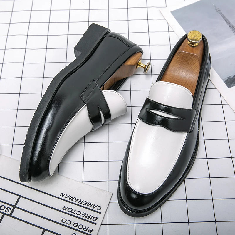 Italian Luxury Brand Loafers Men's Black and White Color Leather Shoes Slip-on Fashion Soft-soled Casual Shoes Wedding Moccasin