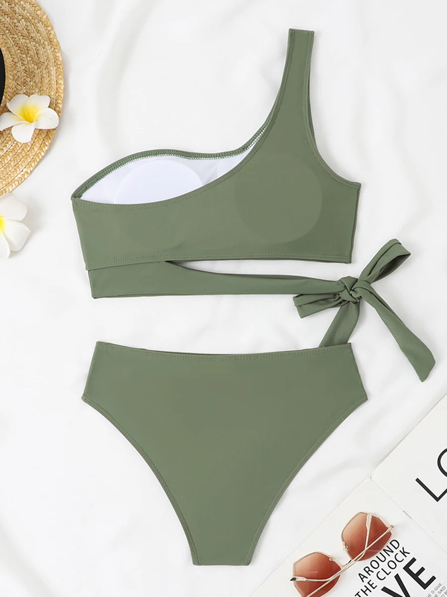 One Shoulder Bikini Set Sexy 2025 Swimsuit Women Solid Padded Swimwear Female Bathers Bathing Swimming Swim Suit Beachwear