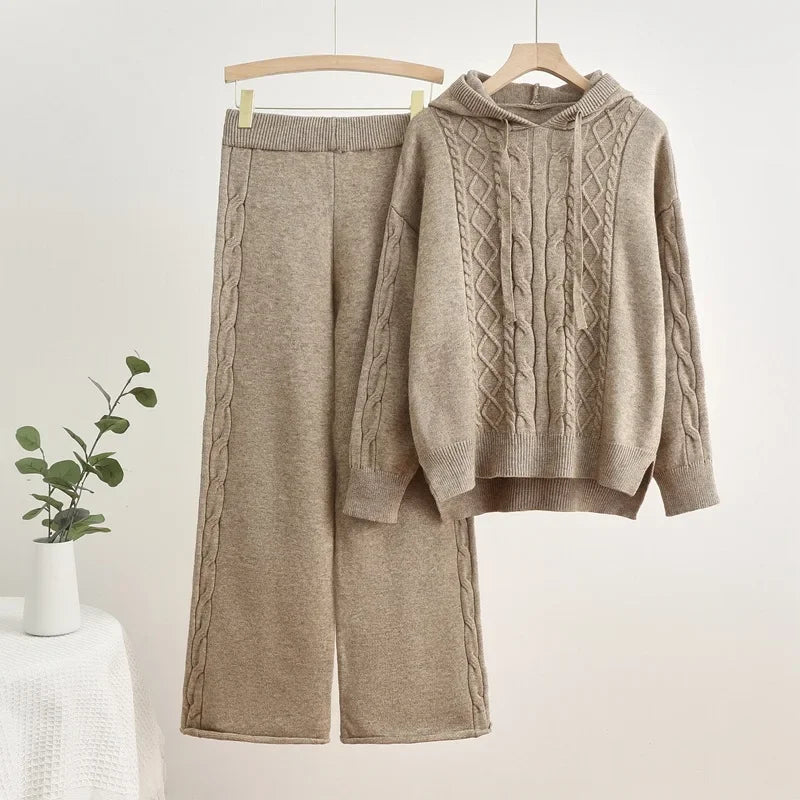 High Waist Sweatpants Outfit New Fall Winter Knitted 2 Piece Sets Women Casual Hooded Knitwears Sweater Pullover Tops Conjuntos