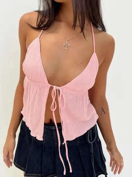 Women Summer Sexy Sleeveless Backless Crop Tops y2k Solid Color Bandage Open Front Backless Tanks Tops Streetwear