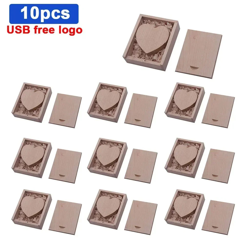 10pcs/lot Free Logo maple Wooden Heart USB + BOX USB Flash Drive Pendrive 64GB 32GB 16GB 8GB U Disk Photography Wedding Gifts