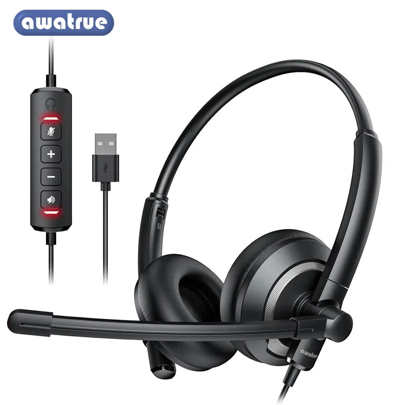 Awatrue EH05 Wired USB Headsets with Noise Cancelling Mic for PC Laptop Headphones with In-Line Control Mic Mute Lightweight
