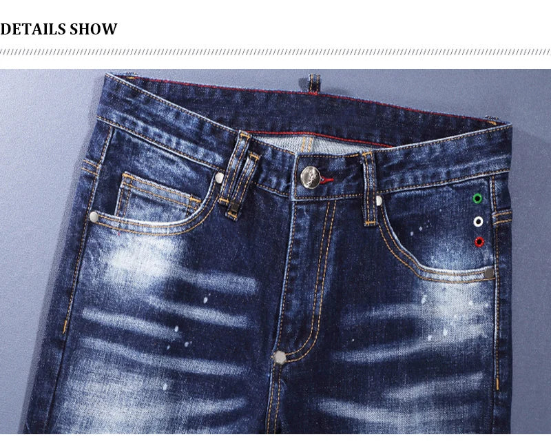 Designer Fashion Men Jeans High Quality Retro Blue Stretch Slim Fit Painted Ripped Jeans Men Brand Vintage Denim Pants Hombre