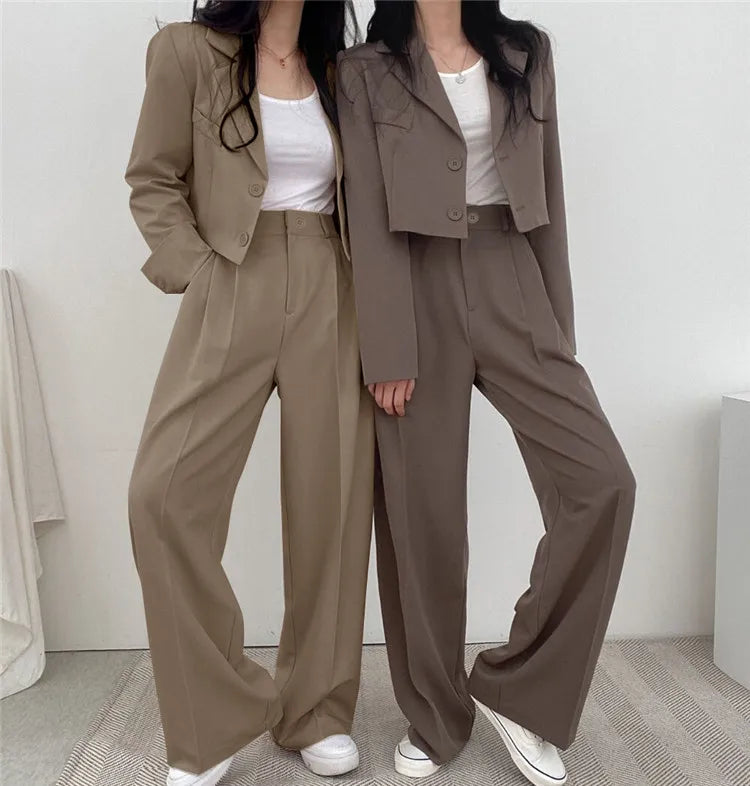 Suit Coat 2 Piece Set Women Blazer Jacket Straight Pants Ensemble Single Breasted Turn Down Collar Trousers Office Lady Outfits