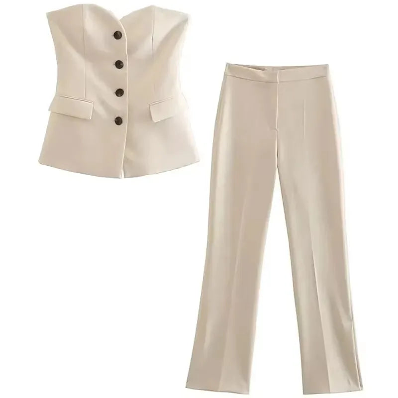 HH Pant Sets For Women Fashion Beige Single Breasted Strapless Slim Tank Top Vest High Waist Straight Pants Office Lady Suit