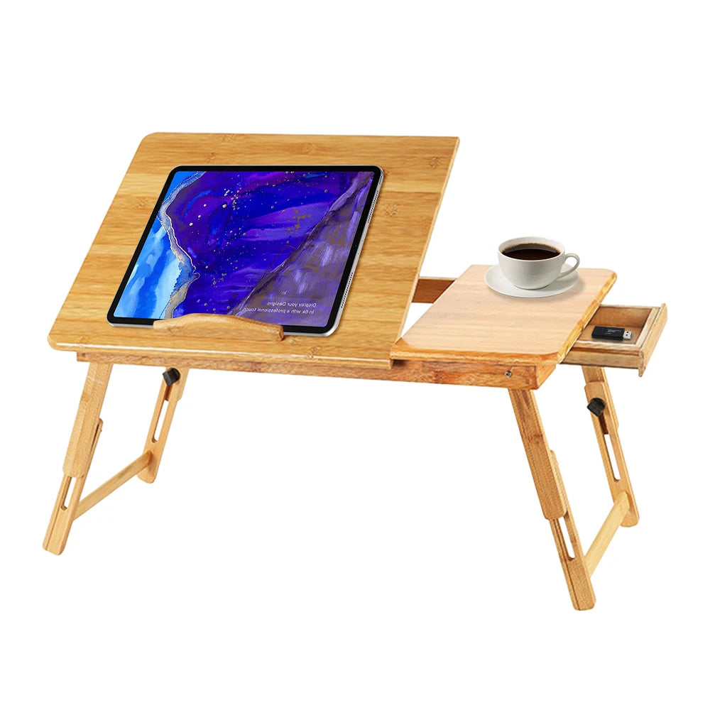 Laptop table, bamboo adjustable foldable laptop stand notebook table bedside folding table with drawer slots breakfast tray