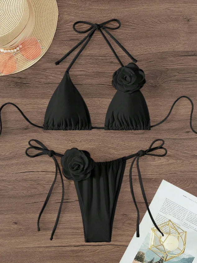 Sexy Bikini Set Women Swimsuit Black White 3D Floral Print Micro Bikinis Brazilian Cutout Beach Bathing Suit Thong Swimwear