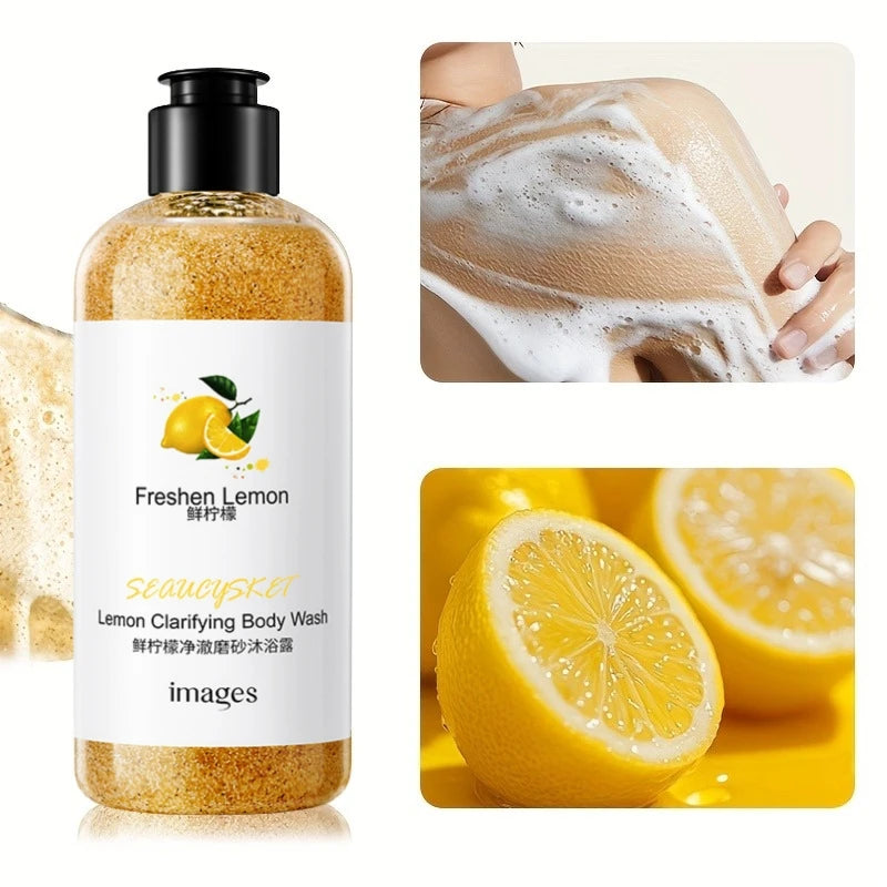 300ml Lemon Scrub Shower Gel, Alcohol-Free, Non-Greasy, Formaldehyde-Free, Rich in Citric Acid, Vitamin E, and Hyaluronic Acid, Suitable for All Light Beige Skin Tones, with a Refreshing Scent, Has Moisturizing, Nourishing, a